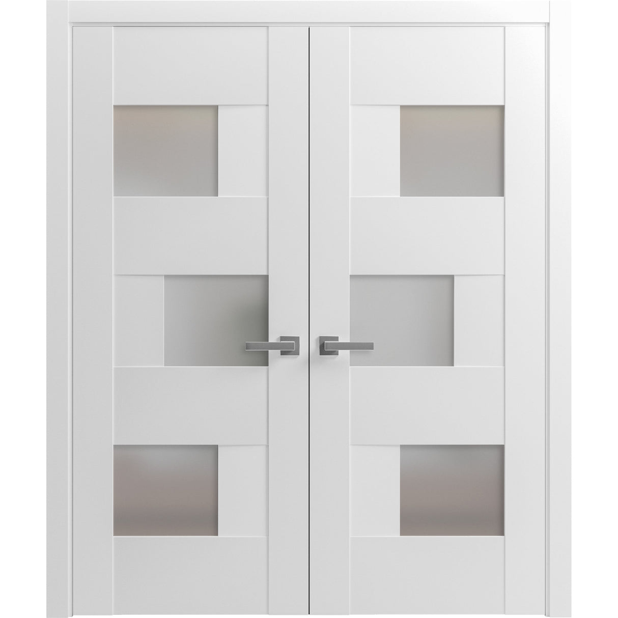 Solid French Double Doors Opaque Glass / Sete 6933 White Silk / Wood Solid Panel Frame / Closet Bedroom Modern Doors