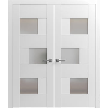 Solid French Double Doors Opaque Glass / Sete 6933 White Silk / Wood Solid Panel Frame / Closet Bedroom Modern Doors