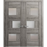 Solid French Double Doors Frosted Glass | Sete 6933 Nebraska Grey | Wood Solid Panel Frame Trims | Closet Bedroom Sturdy Doors