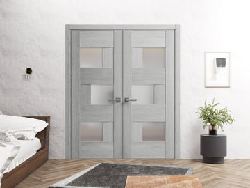 Solid French Double Doors Frosted Glass | Sete 6933 Light Grey Oak | Wood Solid Panel Frame Trims | Closet Bedroom Sturdy Doors
