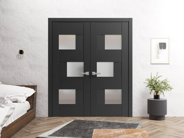 Solid French Double Doors Frosted Glass | Sete 6933 Matte Black | Wood Solid Panel Frame Trims | Closet Bedroom Sturdy Doors