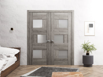 Solid French Double Doors Frosted Glass | Sete 6933 Nebraska Grey | Wood Solid Panel Frame Trims | Closet Bedroom Sturdy Doors