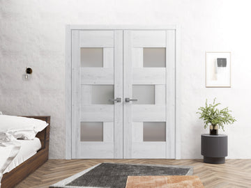 Solid French Double Doors Frosted Glass | Sete 6933 Nordic White | Wood Solid Panel Frame Trims | Closet Bedroom Sturdy Doors