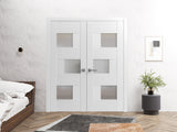 Solid French Double Doors Opaque Glass / Sete 6933 White Silk / Wood Solid Panel Frame / Closet Bedroom Modern Doors