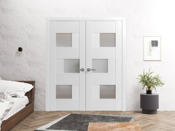 Solid French Double Doors Opaque Glass / Sete 6933 White Silk / Wood Solid Panel Frame / Closet Bedroom Modern Doors