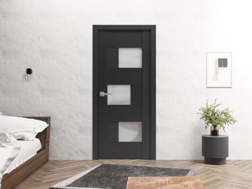 Solid French Door Frosted Glass | Sete 6933 Matte Black | Single Regular Panel Frame Trims Handle | Bathroom Bedroom Sturdy Doors
