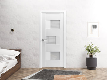 Solid French Door Opaque Glass / Sete 6933 White Silk / Single Regular Panel Frame Handle / Bathroom Bedroom Modern Doors