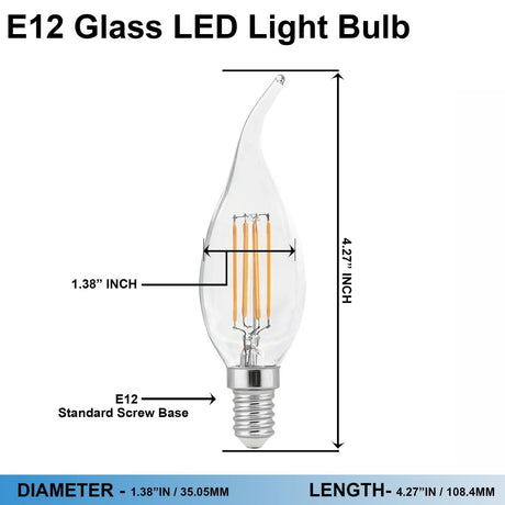 6W Filament LED Bulb, 2700K, 500LM, 120V/60Hz, 4 - filament, E12, Candelabra Light Bulbs, Dimmable, Clear - D1.38"*4.27"H - LEDMyPlace