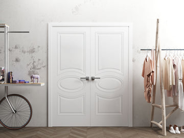 Solid French Double Doors / Mela 7001 Matte White / Wood Solid Panel Frame / Closet Bedroom Modern Doors