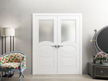 Solid French Double Doors Opaque Glass / Mela 7012 Matte White / Wood Solid Panel Frame / Closet Bedroom Modern Doors