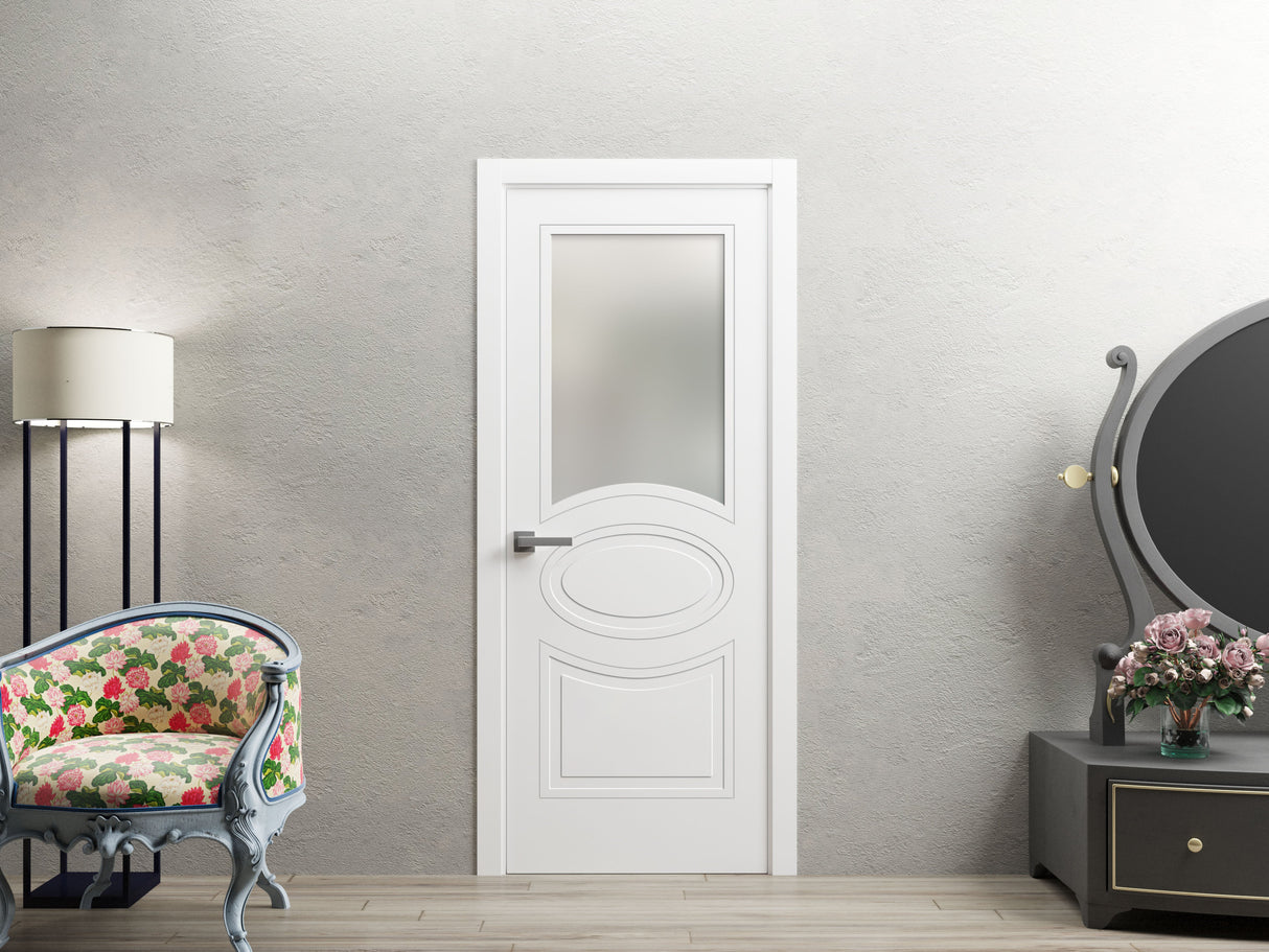 Solid French Door Opaque Glass / Mela 7012 Matte White / Single Regular Panel Frame Handle / Bathroom Bedroom Modern Doors