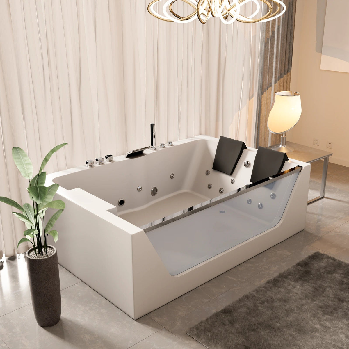 71 x 47 in. White Acrylic Rectangular Freestanding 2 Person Whirlpool Bathtub with Left Drain - BUILDMYPLACE