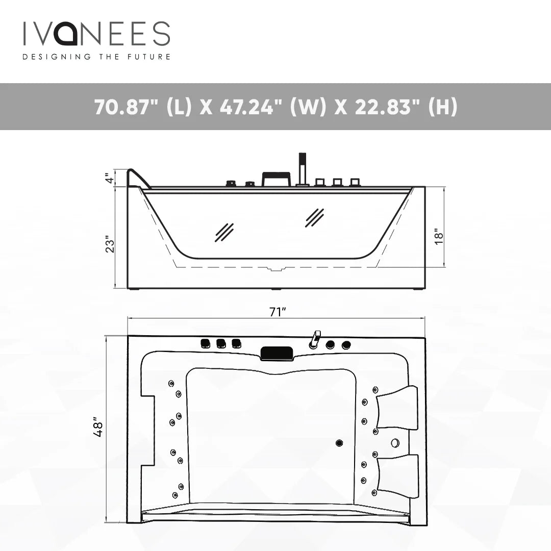 71 x 47 in. White Acrylic Rectangular Freestanding 2 Person Whirlpool Bathtub with Left Drain - BUILDMYPLACE