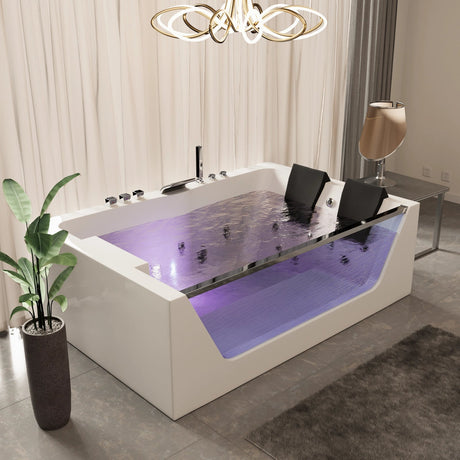 71 x 47 in. White Acrylic Rectangular Freestanding 2 Person Whirlpool Bathtub with Left Drain - BUILDMYPLACE