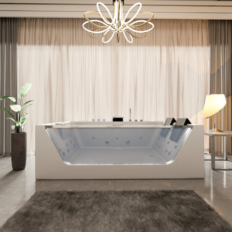 71 x 47 in. White Acrylic Rectangular Freestanding 2 Person Whirlpool Bathtub with Left Drain - BUILDMYPLACE