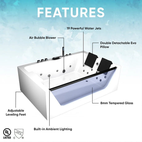 71 x 47 in. White Acrylic Rectangular Freestanding 2 Person Whirlpool Bathtub with Left Drain - BUILDMYPLACE