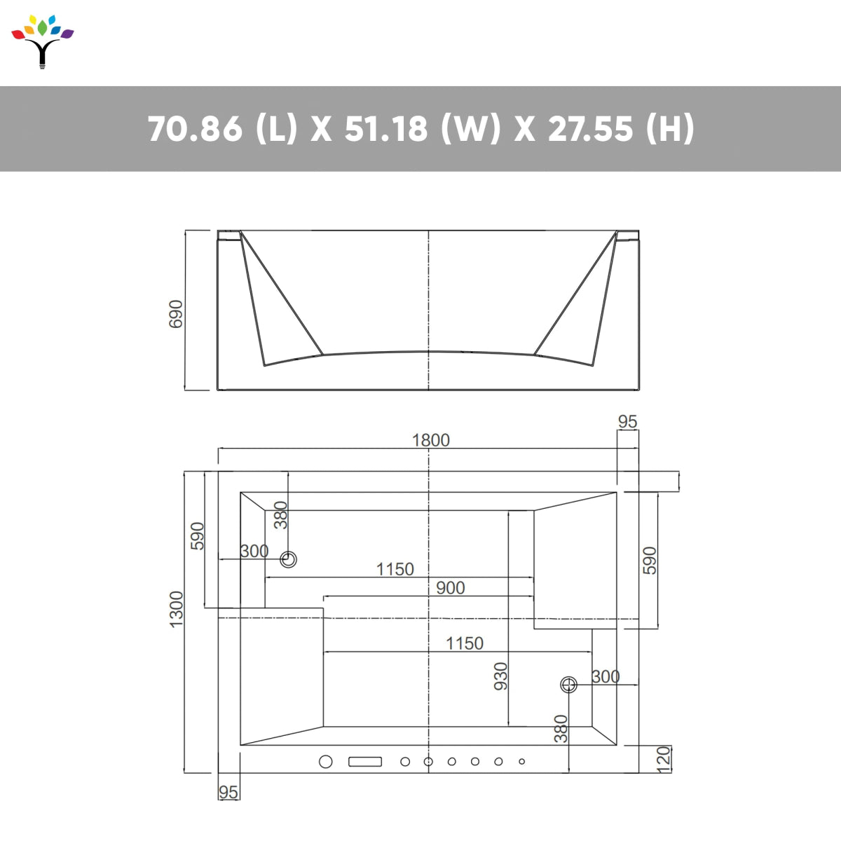 71 x 51 in. Waterfall 2 - Person Acrylic White Freestanding Whirlpool Bathtub with Inline Heater, Led Lights, and Computer Panel - BUILDMYPLACE