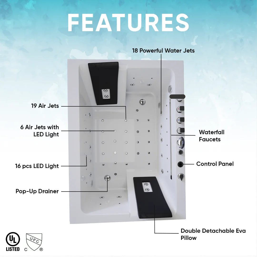 71 x 51 in. Waterfall 2 - Person Acrylic White Freestanding Whirlpool Bathtub with Inline Heater, Led Lights, and Computer Panel - BUILDMYPLACE