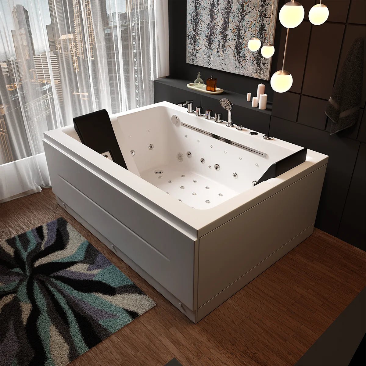 71 x 51 in. Waterfall 2 - Person Acrylic White Freestanding Whirlpool Bathtub with Inline Heater, Led Lights, and Computer Panel - BUILDMYPLACE