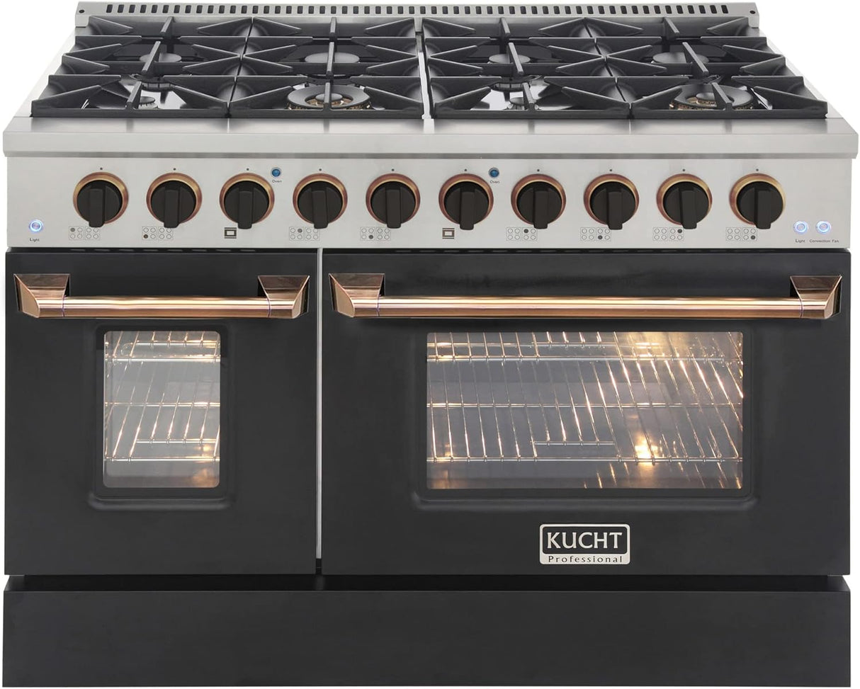 KUCHT Professional 48 in. 6.7 cu. ft. Dual Fuel Range for Natural Gas with Sealed Burners, Griddle/Grill and Two Ovens - One Convection - in Stainless Steel with Gold Handle, Rings and Knobs.