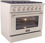 KUCHT Professional 36 in. 5.2 cu. ft. Dual Fuel Range for Propane Gas with Sealed Burners and Convection Oven in Stainless Steel with Gold Handle, Rings and Knobs.