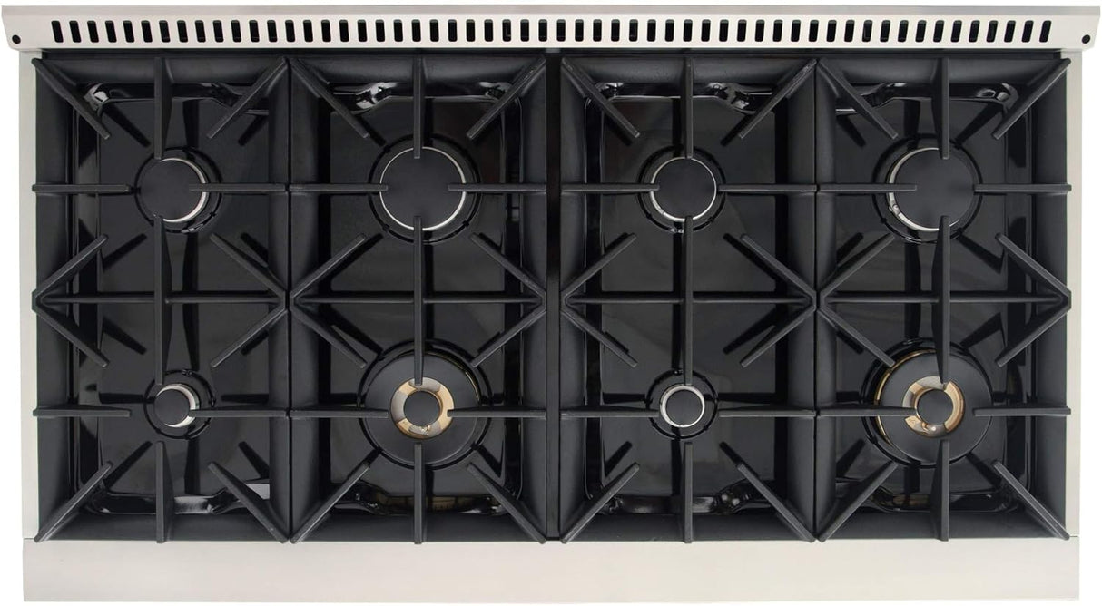 KUCHT Professional 48 in. 6.7 cu. ft. Dual Fuel Range for Propane Gas with Sealed Burners, Griddle/Grill and Two Ovens - One Convection - in Stainless Steel with Gold Handle, Rings and Knobs.