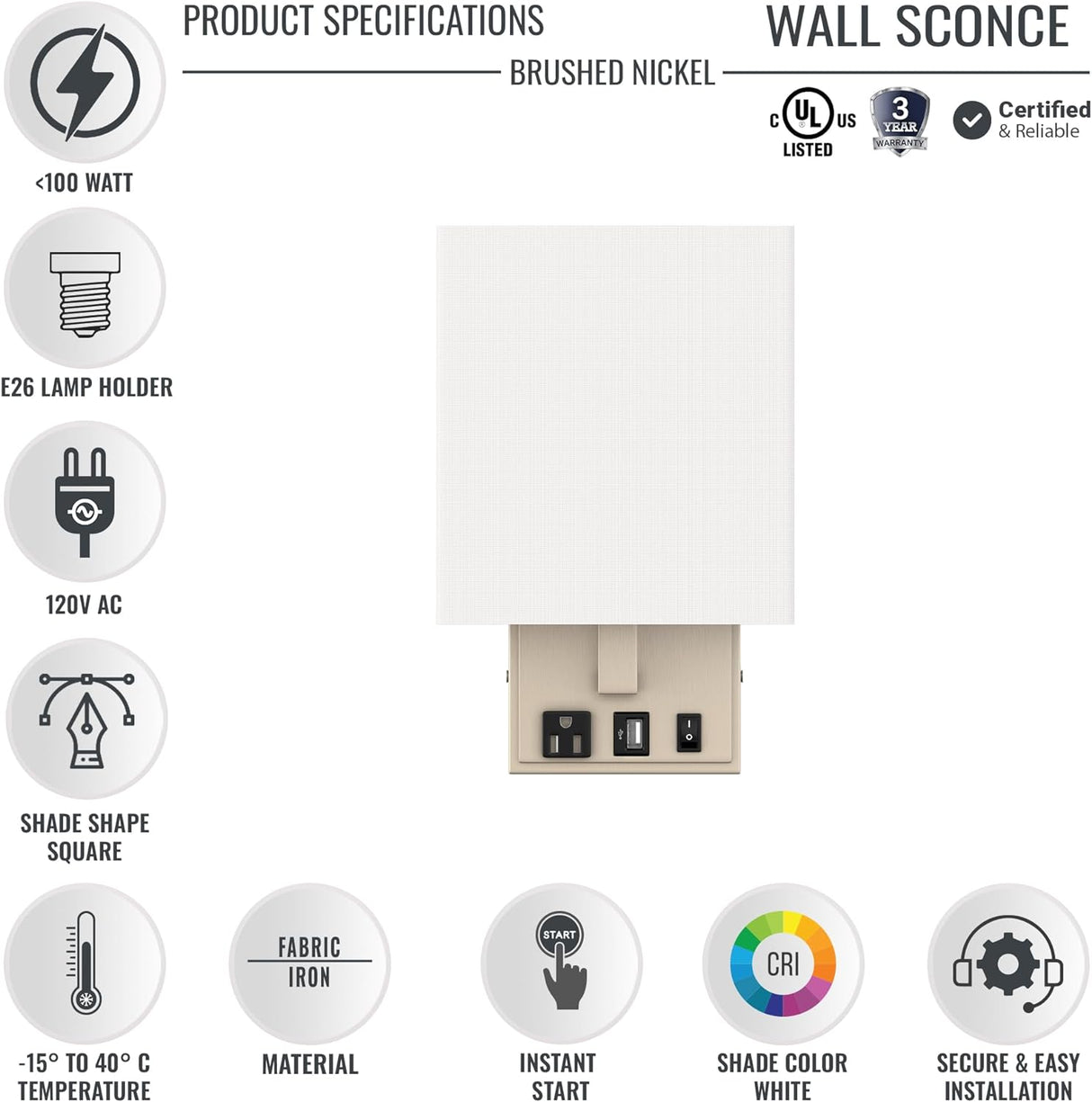 Modern LED Wall Sconce With 1 USB, 1 Switch, 1 Outlet - UL Listed, Satin Nickel Finish W/ White shade