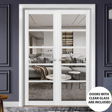 French Double Panel Lite Doors with Hardware | Quadro 4522 White Silk with Clear Glass | Panel Frame Trims | Bathroom Bedroom Interior Sturdy Door