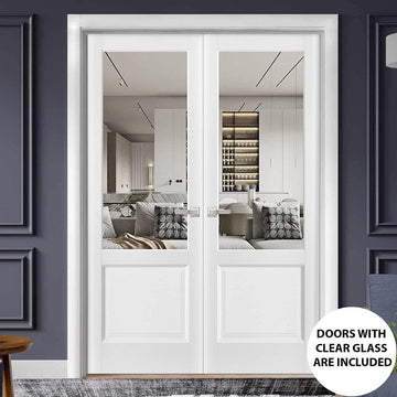 Solid French Double Doors | Lucia 1533 White Silk with Clear Glass | Wood Solid Panel Frame Trims | Closet Bedroom Sturdy Doors