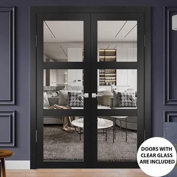 Solid French Double Doors | Lucia 2555 Matte Black with Clear Glass | Wood Solid Panel Frame Trims | Closet Bedroom Sturdy Doors