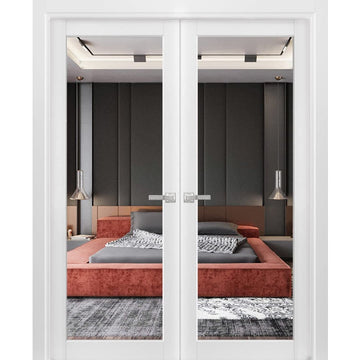 Solid French Double Doors | Lucia 1299 White Silk with Mirror | Wood Solid Panel Frame Trims | Closet Bedroom Sturdy Doors