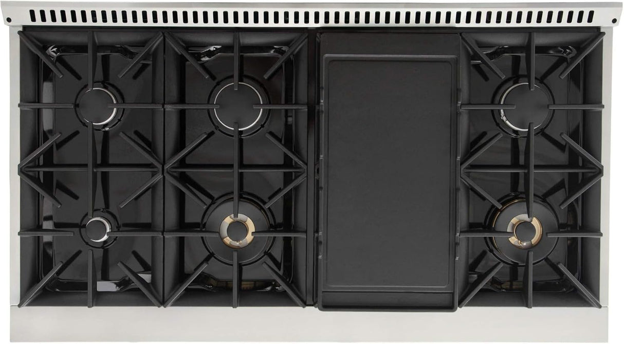 KUCHT Professional 48 in. 6.7 cu. ft. Dual Fuel Range for Natural Gas with Sealed Burners, Griddle/Grill and Two Ovens - One Convection - in Stainless Steel with Gold Handle, Rings and Knobs.