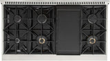 KUCHT Professional 48 in. 6.7 cu. ft. Dual Fuel Range for Natural Gas with Sealed Burners, Griddle/Grill and Two Ovens - One Convection - in Stainless Steel with Gold Handle, Rings and Knobs.