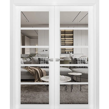 French Double Panel Lite Doors with Hardware | Quadro 4522 White Silk with Clear Glass | Panel Frame Trims | Bathroom Bedroom Interior Sturdy Door