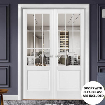 Solid French Double Doors | Felicia 3599 White Silk with Clear Glass | Wood Solid Panel Frame Trims | Closet Bedroom Sturdy Doors