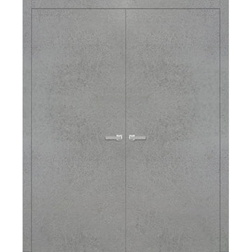 Solid French Double Doors | Planum 0010 Concrete | Wood Solid Panel Frame Trims | Closet Bedroom