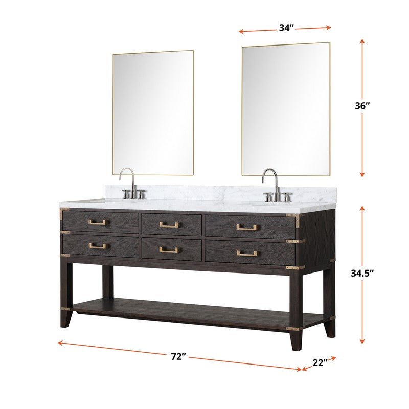 72" Norwalk Double Sink Bath Vanity with Carrara Marble Top, Brown Oak - BUILDMYPLACE