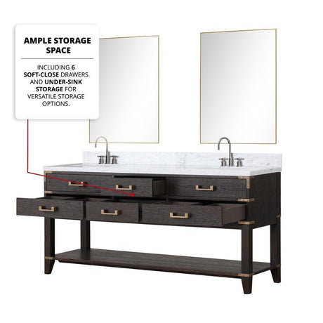 72" Norwalk Double Sink Bath Vanity with Carrara Marble Top, Brown Oak - BUILDMYPLACE