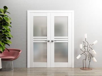 Solid French Double Doors Opaque Glass 4 Lites / Mela 7222 White Silk with Frosted Glass / Wood Solid Panel Frame / Closet Bedroom Modern Doors