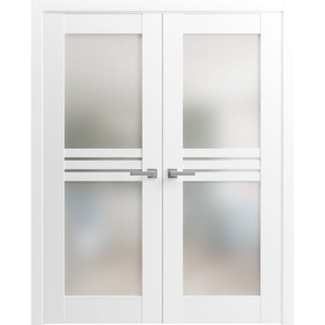 Solid French Double Doors Opaque Glass 4 Lites / Mela 7222 White Silk with Frosted Glass / Wood Solid Panel Frame / Closet Bedroom Modern Doors
