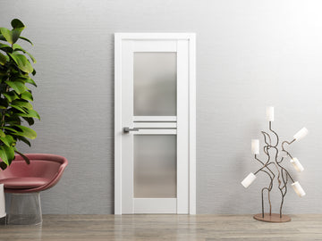 Solid French Door Opaque Glass 4 Lites / Mela 7222 White Silk / Single Regular Panel Frame Handle / Bathroom Bedroom Modern Doors
