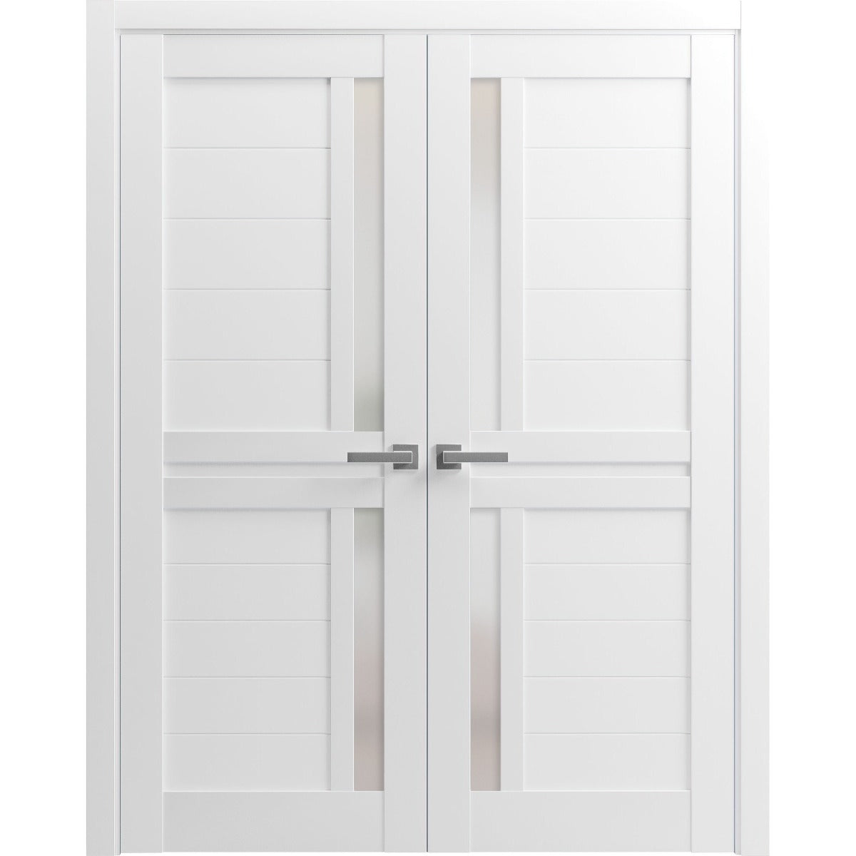 Interior Solid French Double Doors | Veregio 7288 White Silk with Frosted Glass | Wood Solid Panel Frame Trims | Closet Bedroom Sturdy Doors