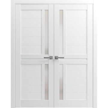 Interior Solid French Double Doors | Veregio 7288 White Silk with Frosted Glass | Wood Solid Panel Frame Trims | Closet Bedroom Sturdy Doors