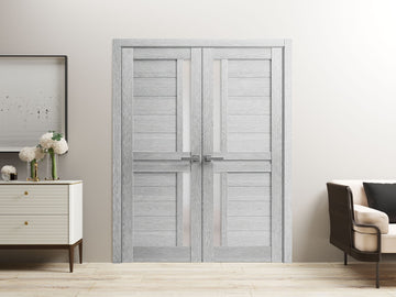 Interior Solid French Double Doors | Veregio 7288 Light Grey Oak with Frosted Glass | Wood Solid Panel Frame Trims | Closet Bedroom Sturdy Doors