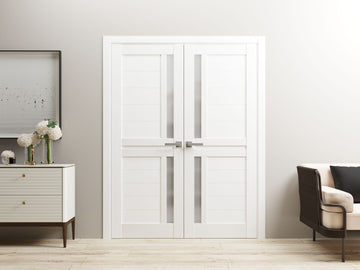 Interior Solid French Double Doors | Veregio 7288 White Silk with Frosted Glass | Wood Solid Panel Frame Trims | Closet Bedroom Sturdy Doors