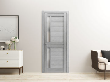 Interior Solid French Door | Veregio 7288 Light Grey Oak with Frosted Glass | Single Regular Panel Frame Trims Handle | Bathroom Bedroom Sturdy Doors