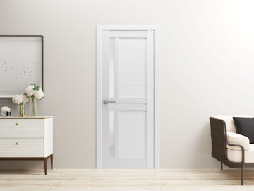 Interior Solid French Door | Veregio 7288 White Silk with Frosted Glass | Single Regular Panel Frame Trims Handle | Bathroom Bedroom Sturdy Doors