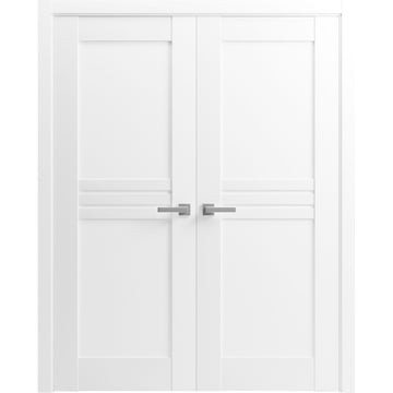 Solid French Double Doors / Mela 7444 White Silk / Wood Solid Panel Frame / Closet Bedroom Modern Doors