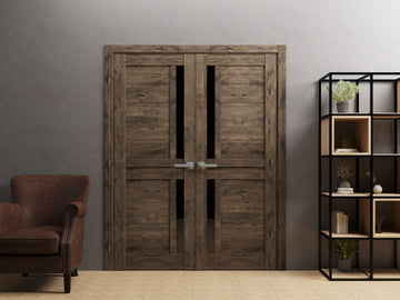 Interior Solid French Double Doors | Veregio 7588 Cognac Oak with Black Glass | Wood Solid Panel Frame Trims | Closet Bedroom Sturdy Doors