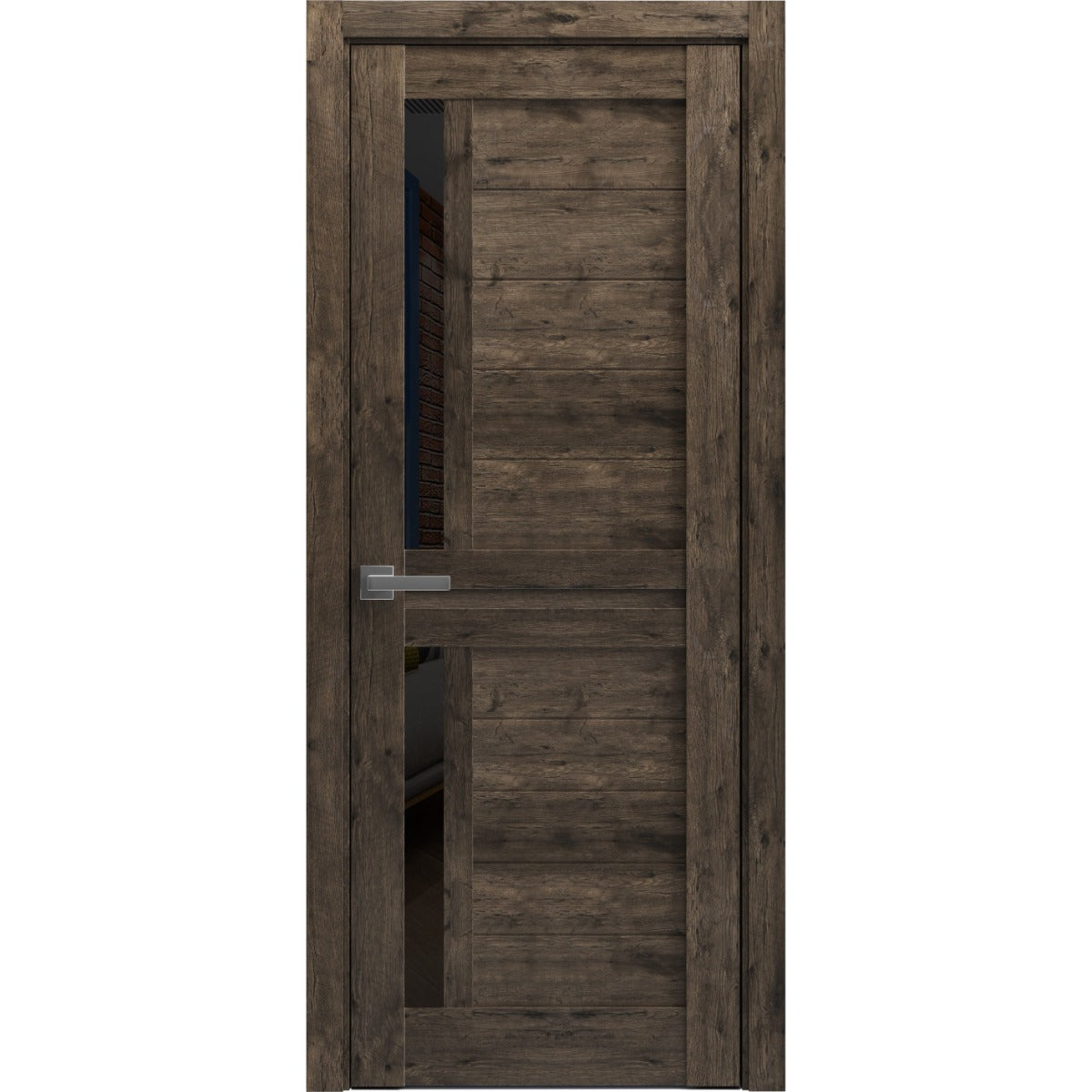 Interior Solid French Door | Veregio 7588 Cognac Oak with Black Glass | Single Regular Panel Frame Trims Handle | Bathroom Bedroom Sturdy Doors